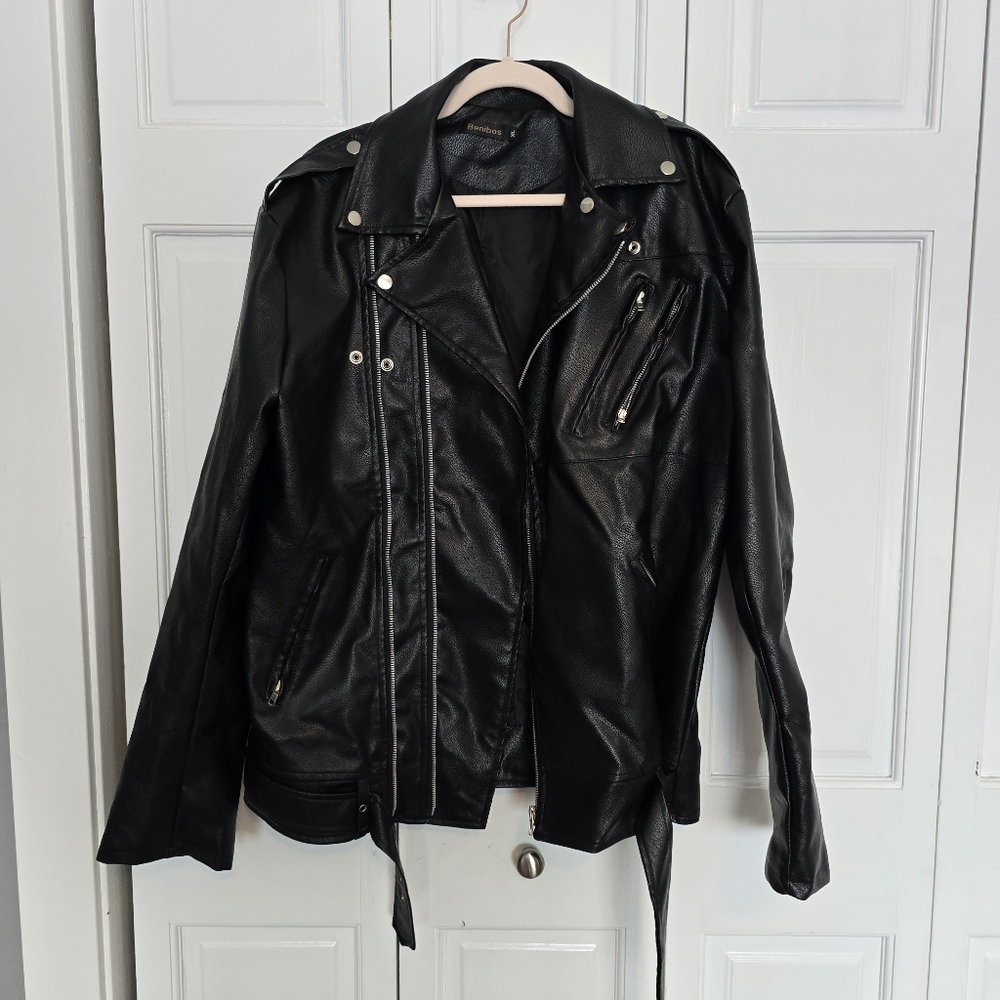 Faux Black Leather Motorcycle Jacket XL